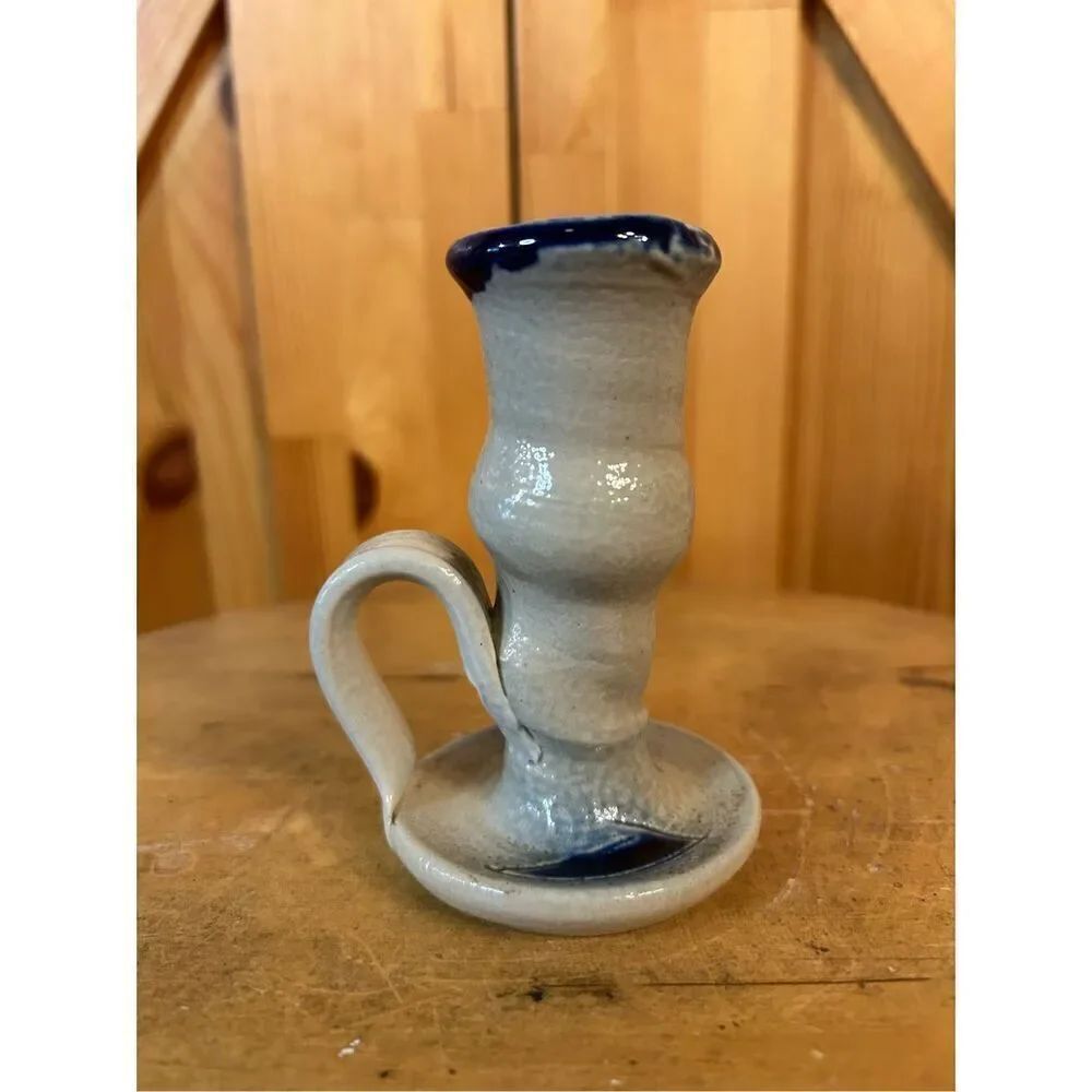 Salt Glaze Pottery Chamberstick Candle Holder with Cobalt (8186)
